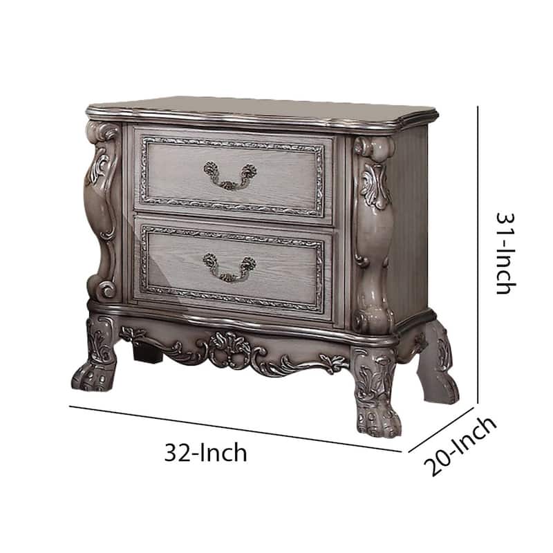 Traditional Wooden Nightstand with 2 Drawers and Carved Details, Silver