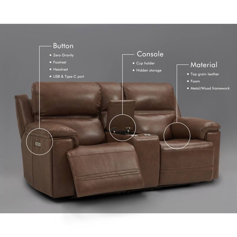 Genuine Leather Dual Power LoveSeat with Console, Adjustable Headrest, Footrest, USB/Type-C & Zero Gravity