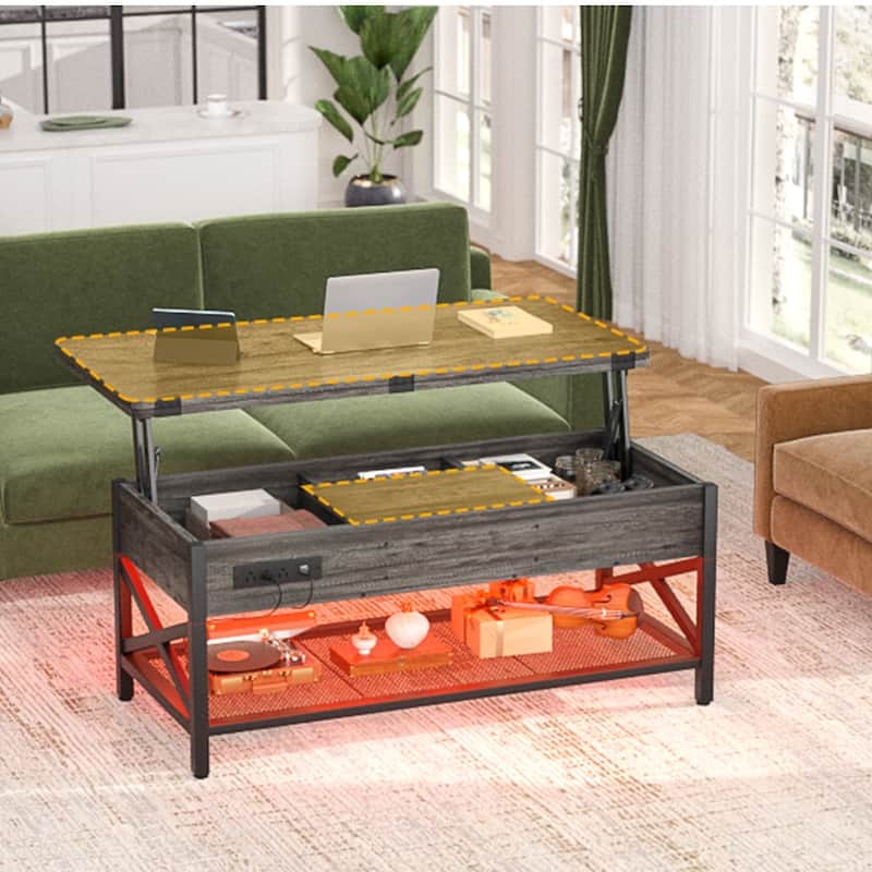 Lift Top Coffee Table with LED Lights and USB Port, Modern Farmhouse Convertible Dining Table