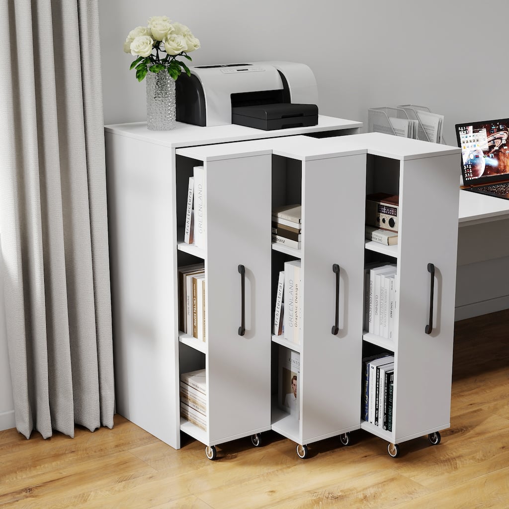 Bookcase with Three Pulled Out Doors Shelving Cabinet,3 Tier Floor Standing Bookcase,Slide Out Storage Bookcase