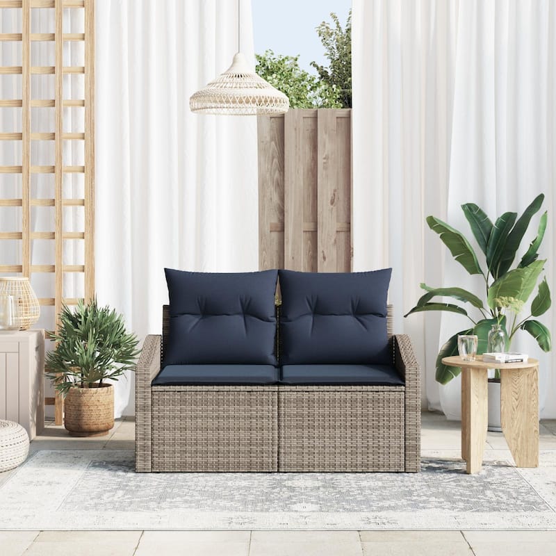 vidaXL 2-Seater Garden Sofa with Cushions Black/Brown/Grey Poly Rattan - 24.4 x 48.4 x 27.2 - Brown with storage