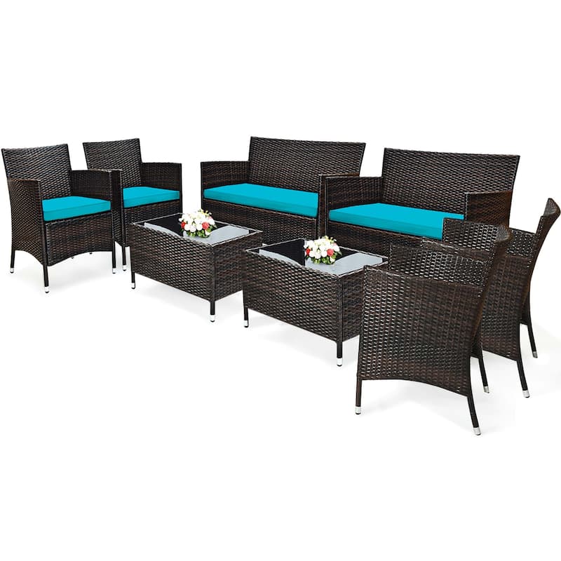 8PCS Patio Rattan Conversation Set Outdoor Furniture Set w/ End Table - Turquoise