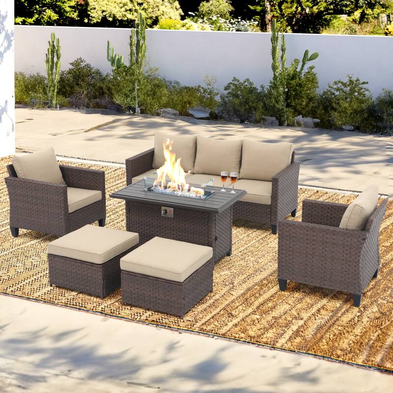 Outdoor 6 Pieces Wicker Sectional Sofa Set with Fire Pit Table