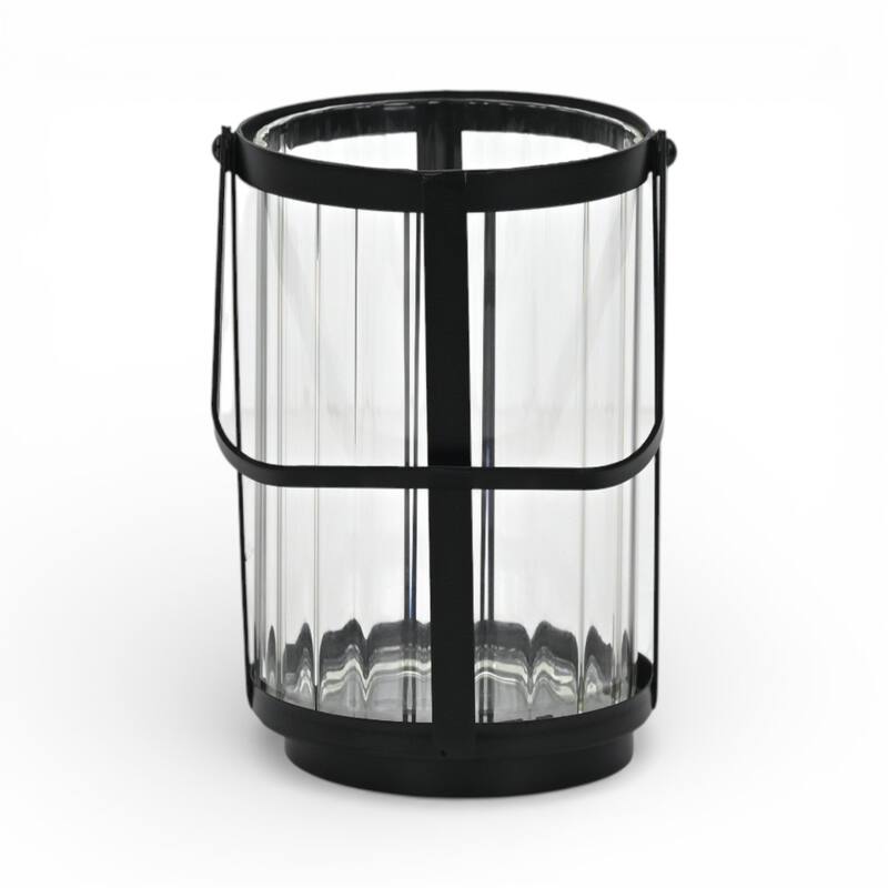 Vortial Fluted Glass Candle Lantern with Black Metal Frame