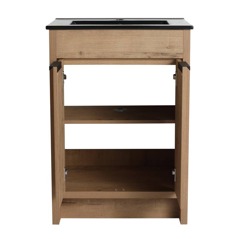 Freestanding Vanity with Black Ceramic Sink, Adjustable Shelf, Soft Closing Hinges, and Metal Handle - 24in L Plywood