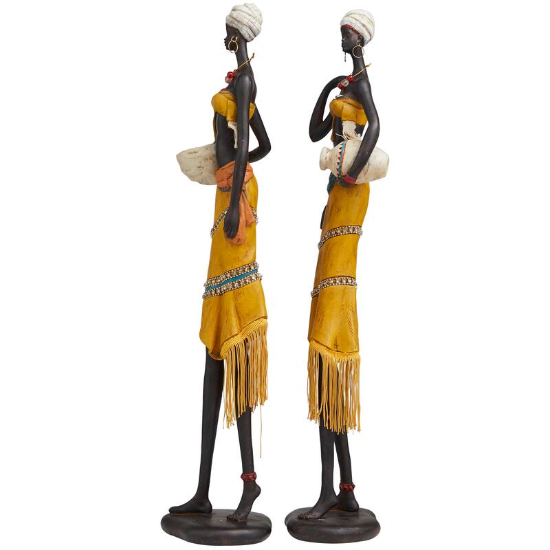 Yellow Polystone Handmade African Woman People Decorative Sculpture with Water Jugs and Jeweled Details (Set of 2)