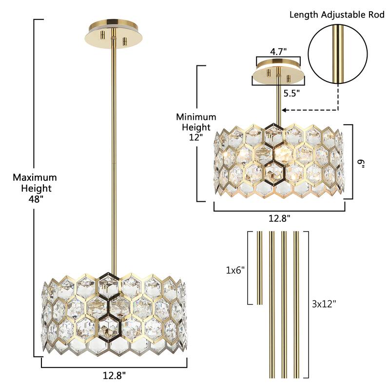 Modern Gold 3-Light Crystal Drum Pendant Ceiling Light for Dining Room