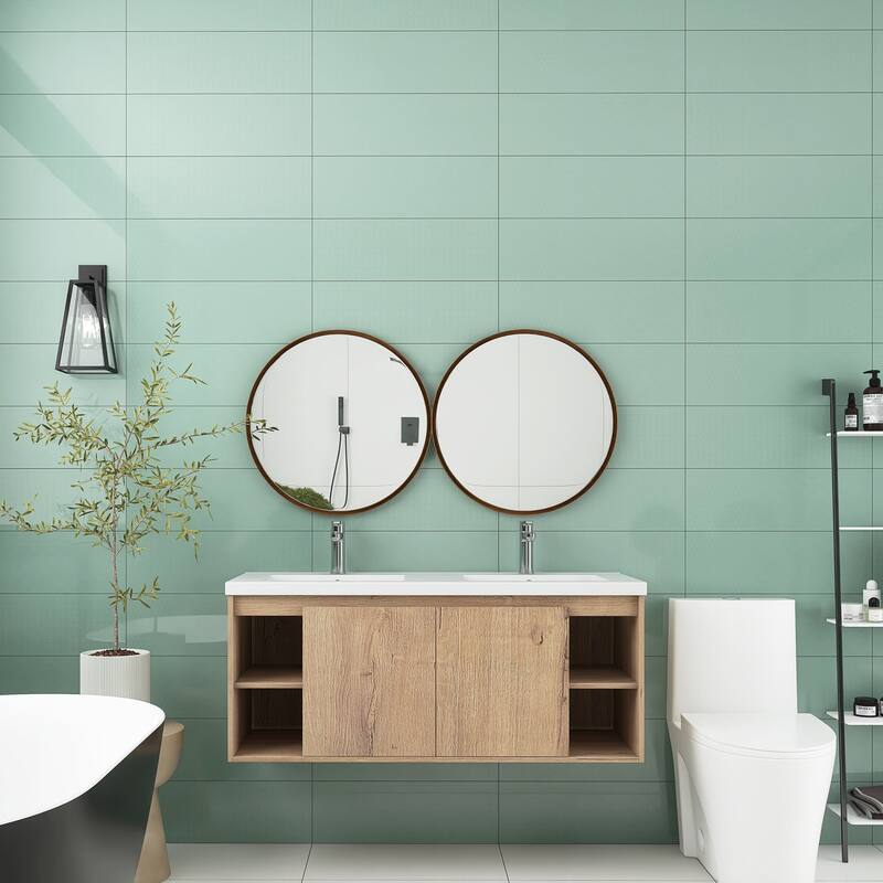 48 Inch Plywood Wall-Mounted Bathroom Vanity Set in Imitative Oak with Integrated Double Resin Sink - 48" x 20"  - Textured - Imitative Oak