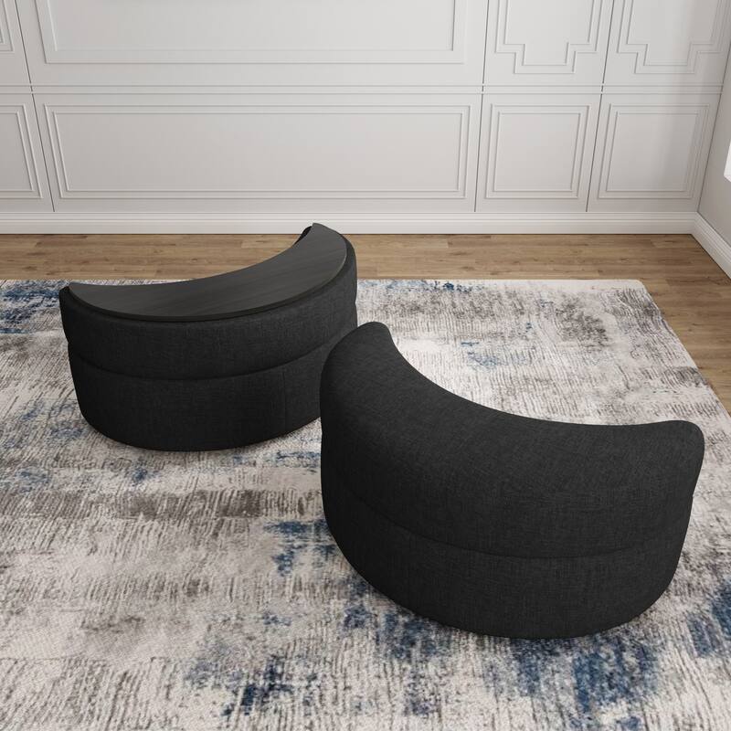 Chenille Half Moon Storage Ottoman(Set of 2) - Chenille - Black