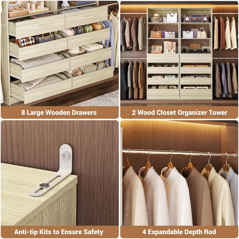 Qvella 95''-136'' W Closet System with 8 Wooden Drawers and 4 Hanging Rods, Walk-in Closet Organizer with 6 Storage Shelves
