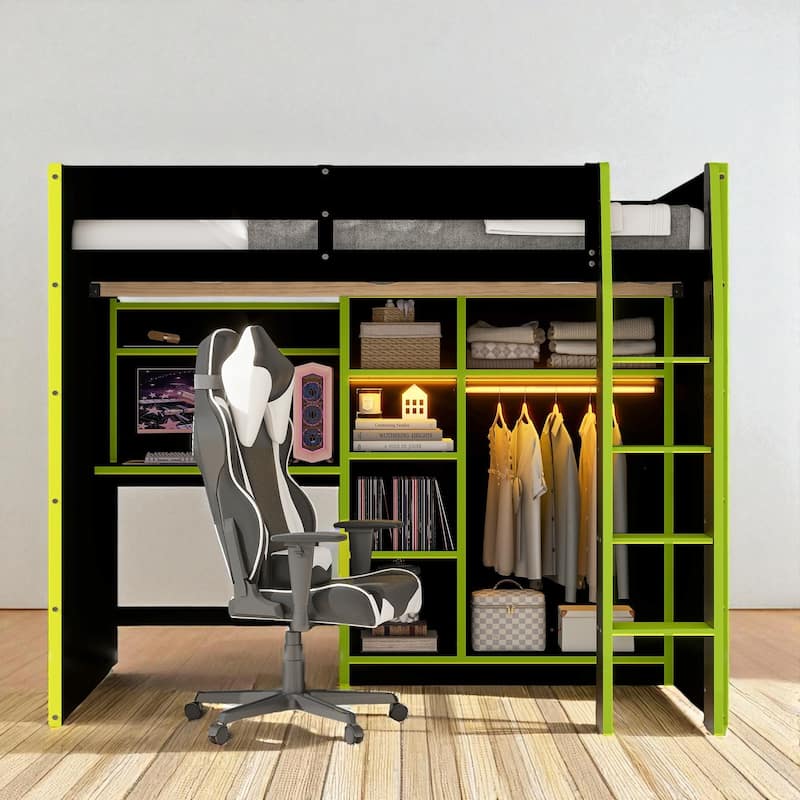 Full Size Wood Loft Bed with Desk, Open Wardrobe, Shelves and RGB LED Lights for Gaming & Storage