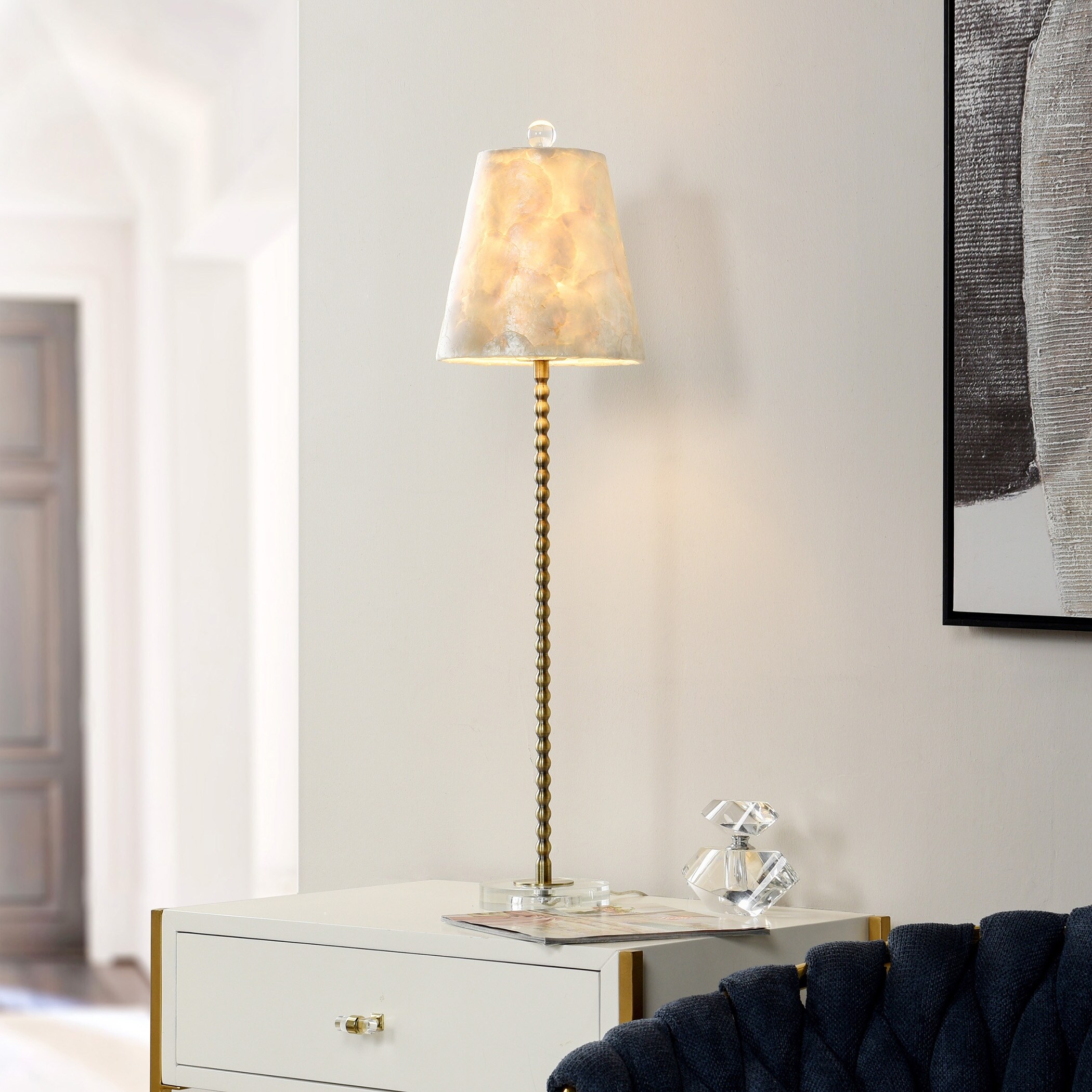 Capiz Slim Buffet Lamp with Ivory Capiz Lamp Shade Aged Brass