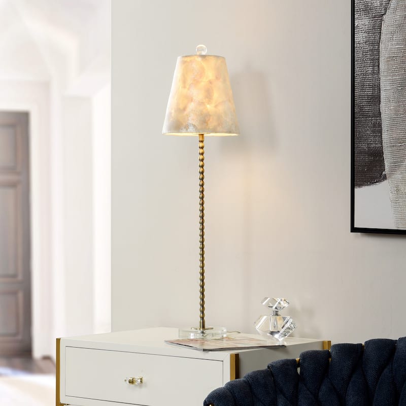 Capiz Slim Buffet Lamp - Aged Brass Finish on Skinny Beaded Body - Ivory Capiz Shade