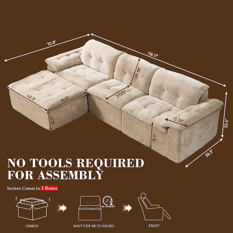 Rossetta L-Shaped Modular Chenille Cushioned Extreme Comfort Sofa with Detachable Backrest and Armrests, 1 Removable Ottoman
