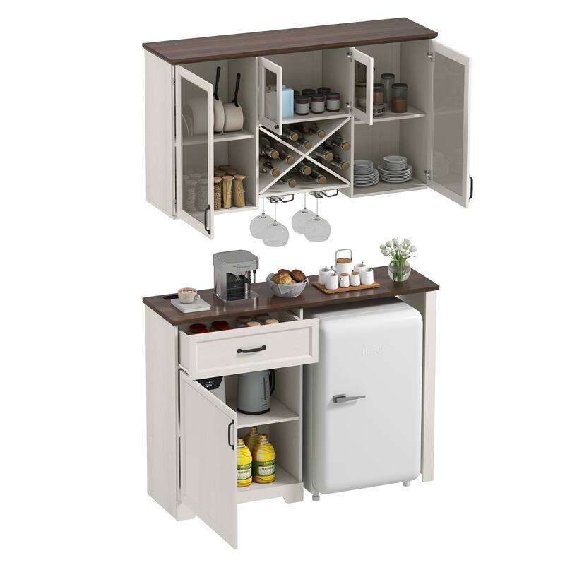 Moasis Kitchen Pantry Storage Cabinet with Mini Fridge Space Wall Mount Cabinet and Glass Doors for Organized Kitchen Storage
