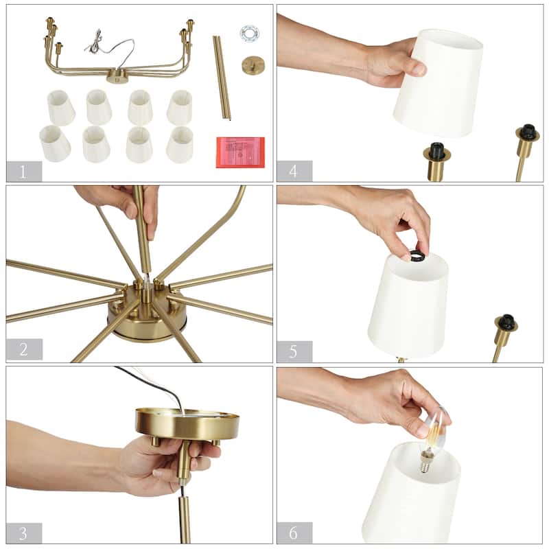 Mid-Century Modern Gold 6-Light French Chandelier Fabric Pendant Lights for Dining Room