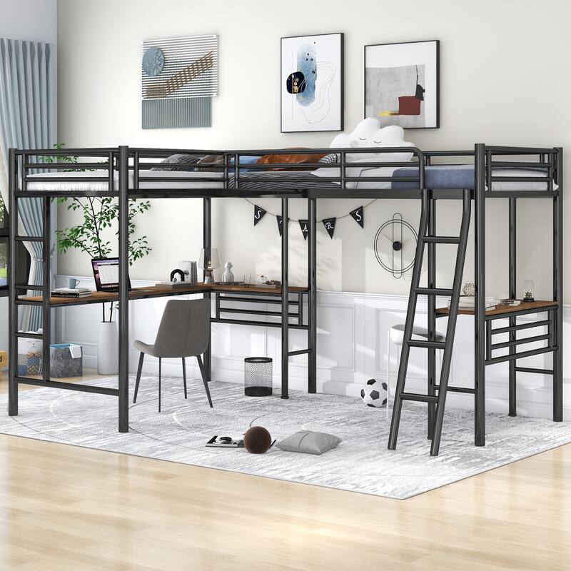 Double Twin Metal L-Shaped Loft Bed with Desks and Guardrails