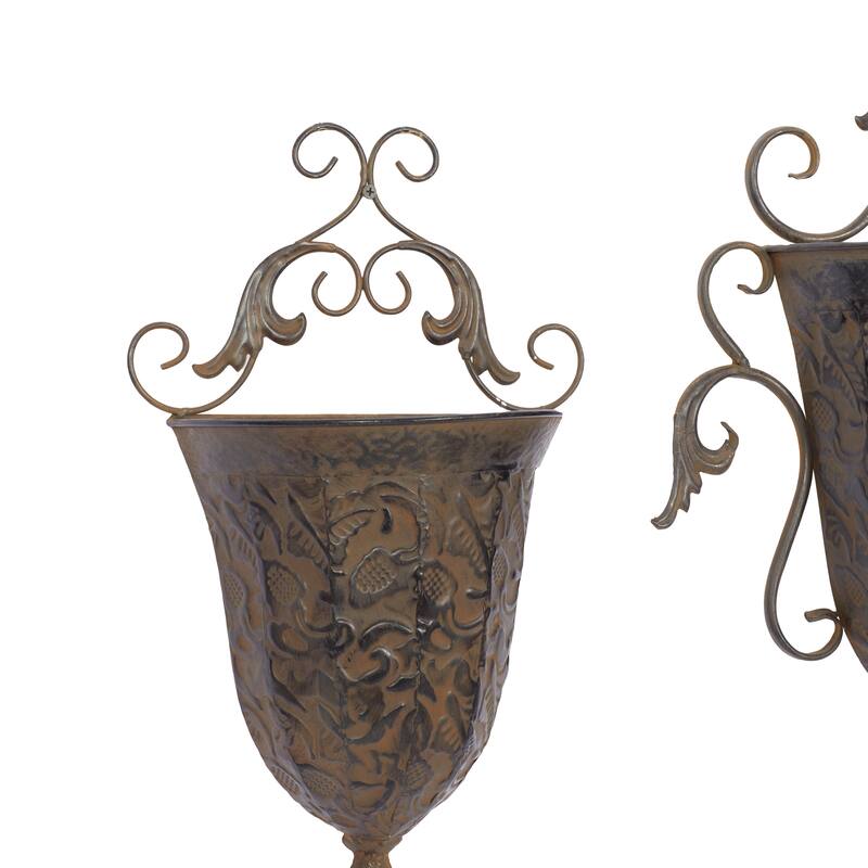 Brown Metal Indoor Outdoor Hanging Vintage Scroll Indoor Outdoor Wall Planter with Vine Accents (Set of 2)