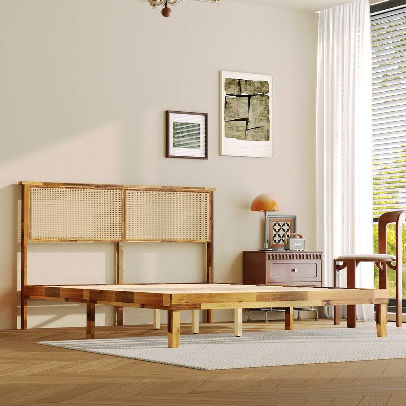 Solid Wood Bed Frame with Cane Headboard, Modern Natural Finish Platform Bed