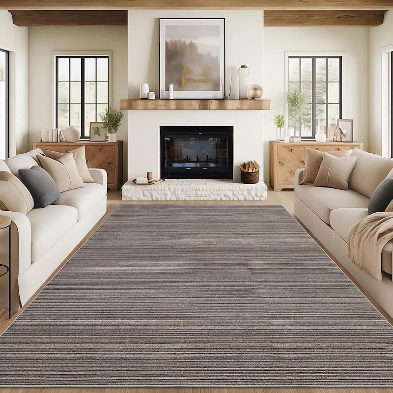 Modern Stripe Machine Washable Area Rug for Bedroom, Living Room, Brown - 1'6" x 2'6" - Brown 9' x 12'