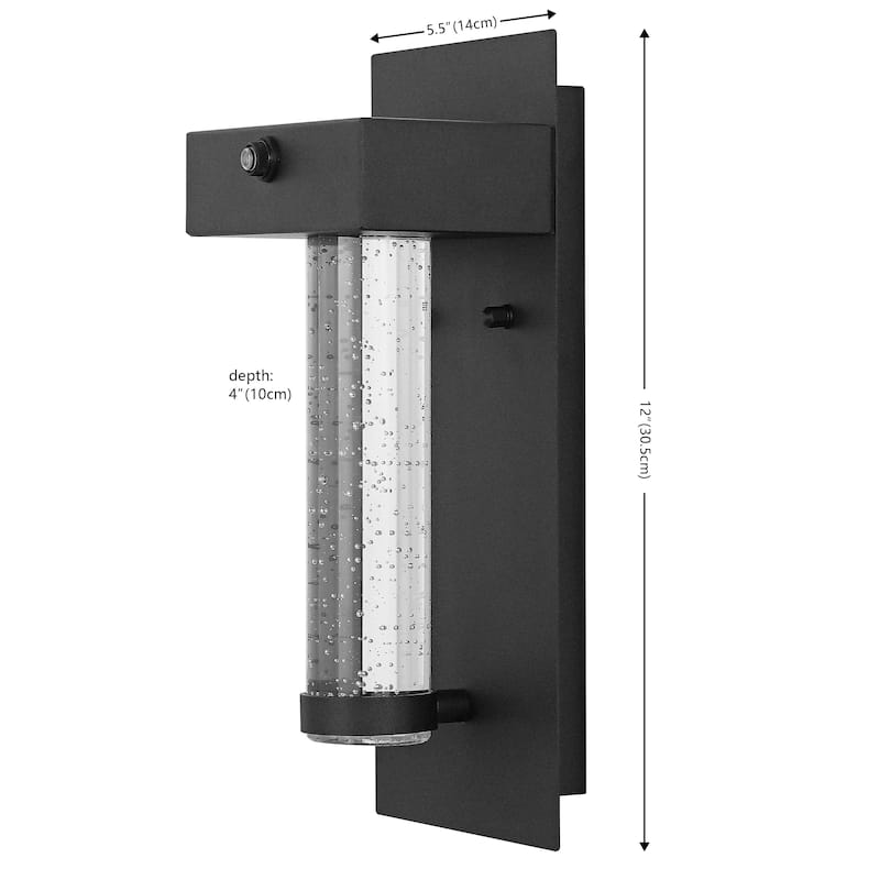 Juno 5.5" 1-Light Minimalist Iron/Seeded Glass with Dusk-to-Dawn Sensor Integrated LED Outdoor Sconce, Black by JONATHAN Y - 5.5