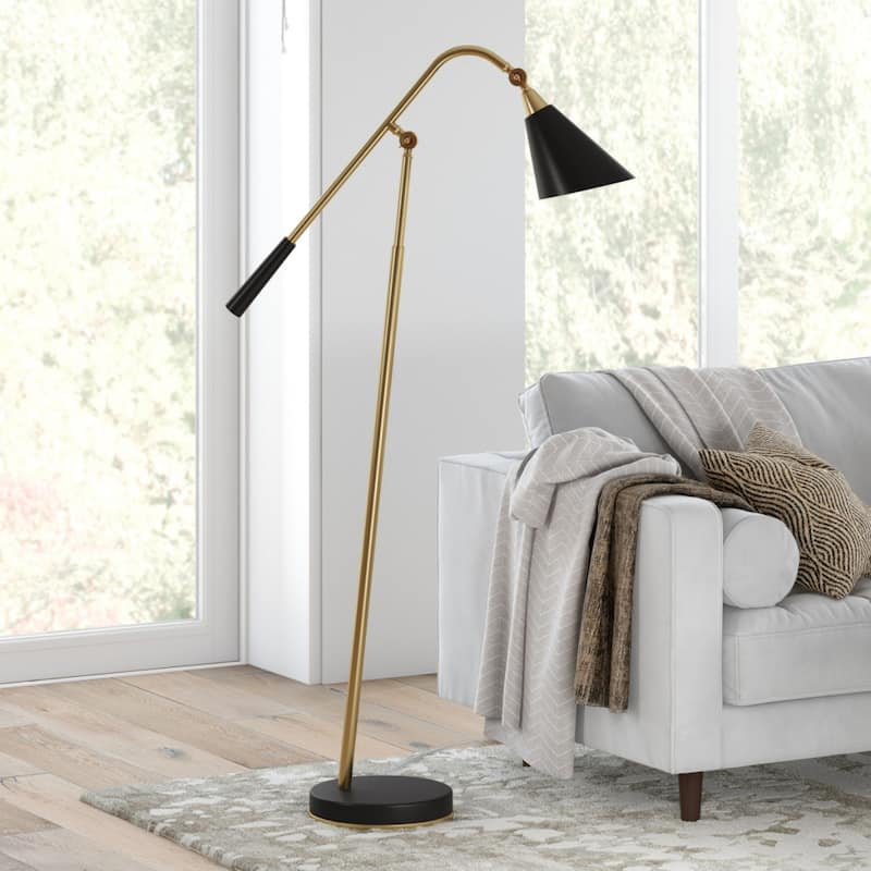 52" Black and Gold Metal Swing Arm Floor Lamp Plug-In Cone Shade Lamp for Home Office or Living Room - 52" H x 11" W x 11" D