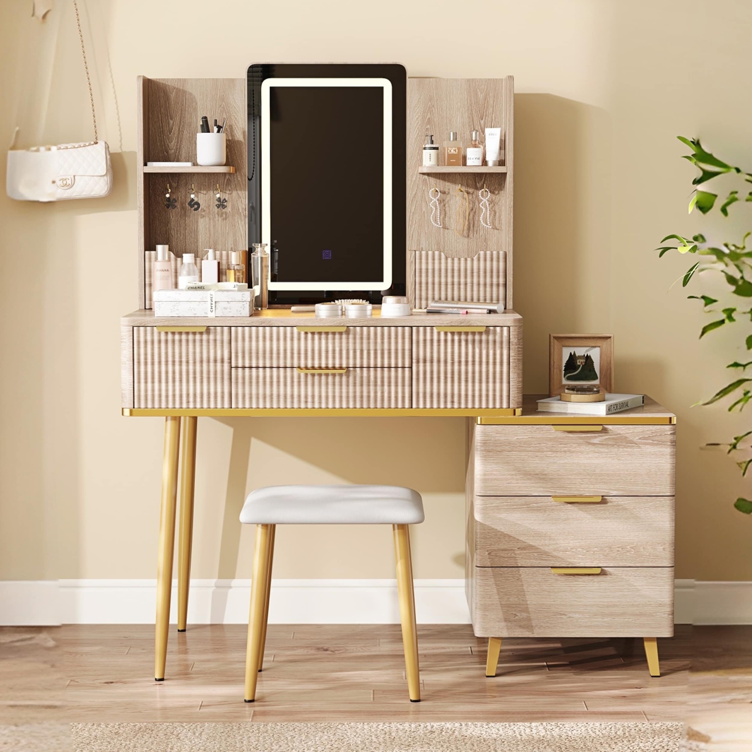 7-Drawer Fluted Vanity Desk with LED Mirror and PU Stool for Bedroom