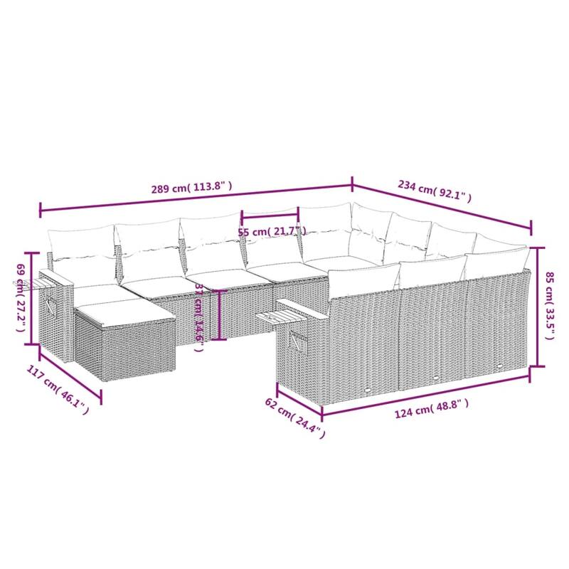 vidaXL 11 Piece Patio Sofa Set with Cushions Black Poly Rattan - 21.7x27.2x24.4