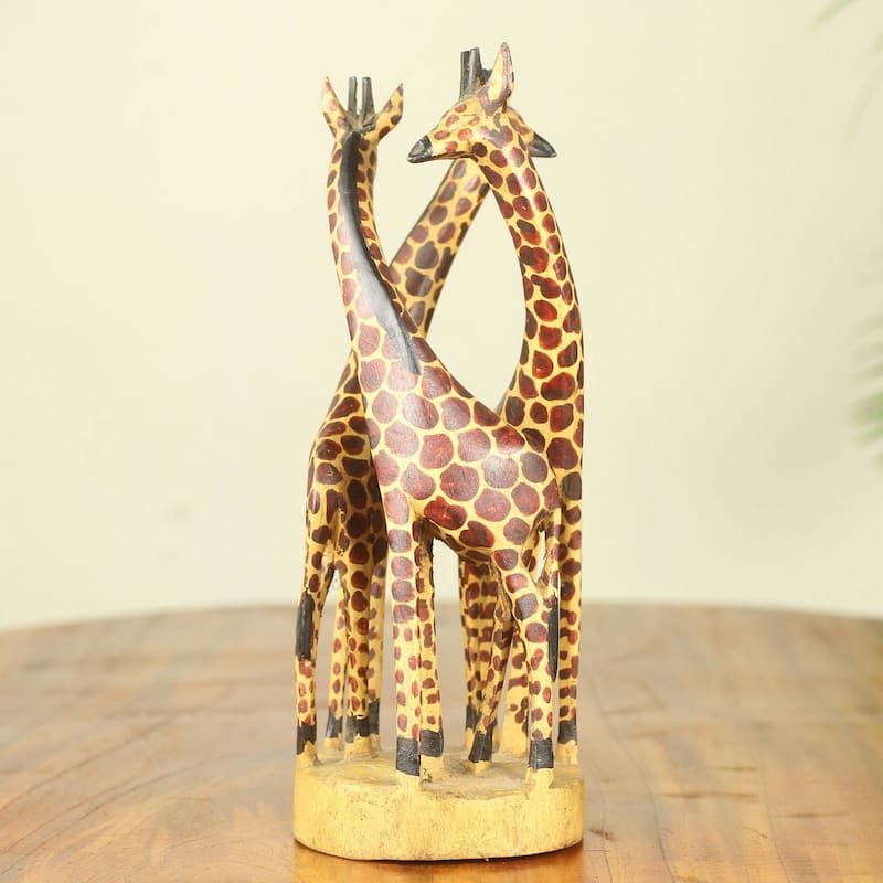 Handmade Giraffe Family Teakwood sculpture (Ghana) - 35 x 19 x 18
