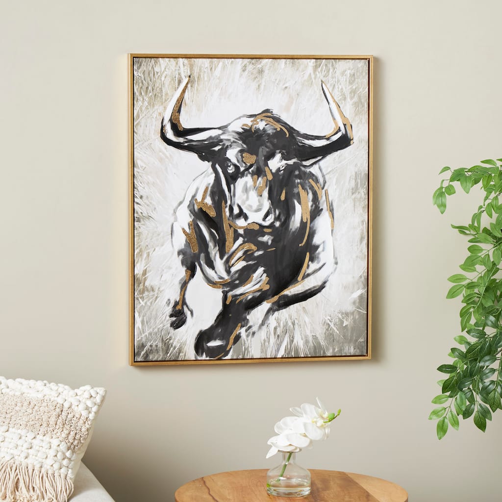 Gold Polystone Shaded Running Bull Framed Wall Art with Cream and Gold Foil Accents