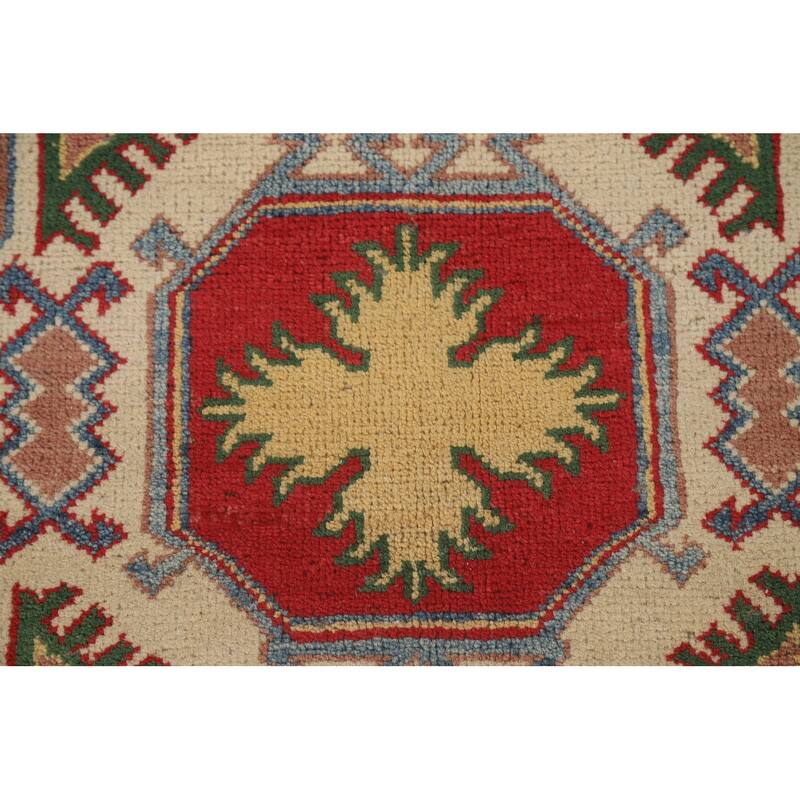 Blue Geometric Kazak Area Rug Hand-Knotted Traditional Wool Carpet - 6'8" x 9'9"