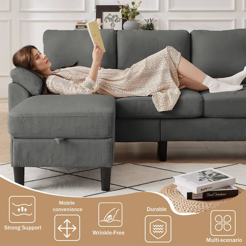 79.72" Corduroy 3 Pieces Living Room Sets Including Sectional Sofa with Storage Ottoman & Side Pockets & Armchair Set