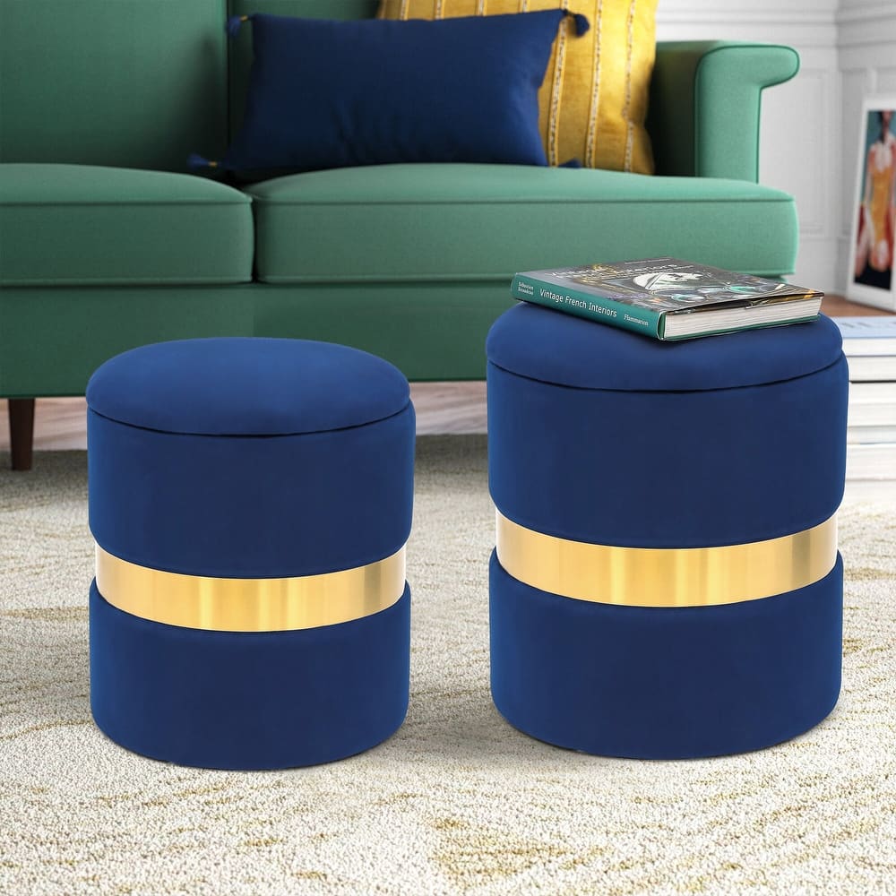 Adeco Set of 2 Velvet Storage Ottoman Round Foot Stool Metal Band