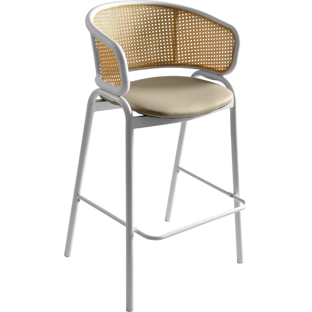 Ervilla Modern Leather Bar Stool with Curved Wicker Backrest and White Stainless Steel Frame for Dining Room or Kitchen Seating