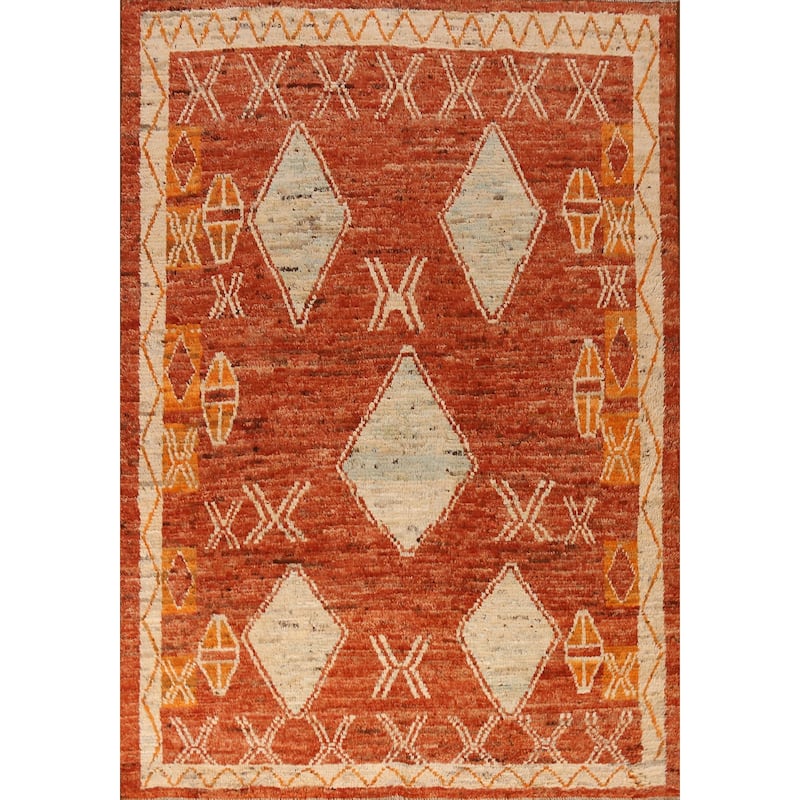 Orange Geometric Moroccan Oriental Rug Handmade Wool Carpet - 6'1" x 8'6"