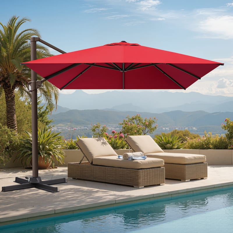 10 x 13 FT Luxury Aluminum Outdoor Shade Canopy Patio Cantilever Offset Umbrella with 360-degree Rotation - Red