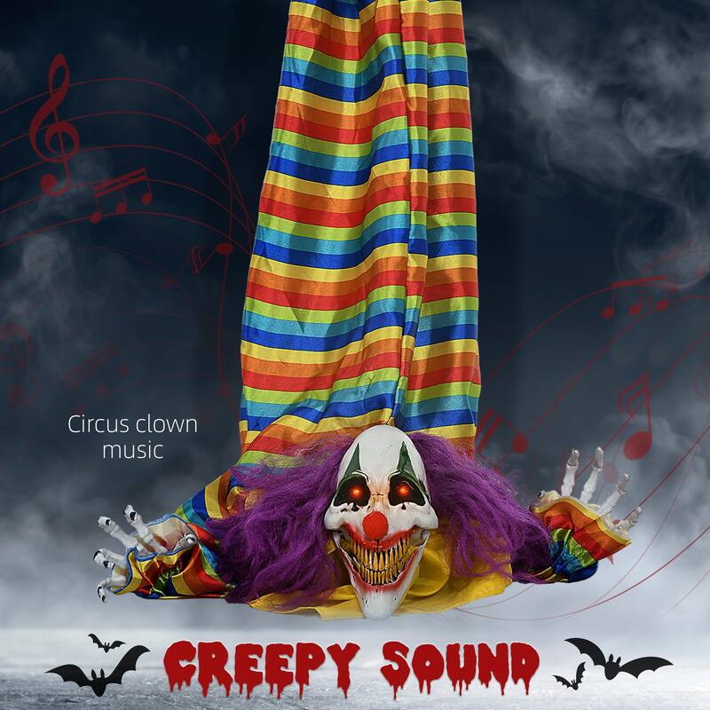 3.8' Outdoor Halloween Decoration Animatronic Hanging Clown Corpse Sound Motion Activated Light Up Eyes Circus Music