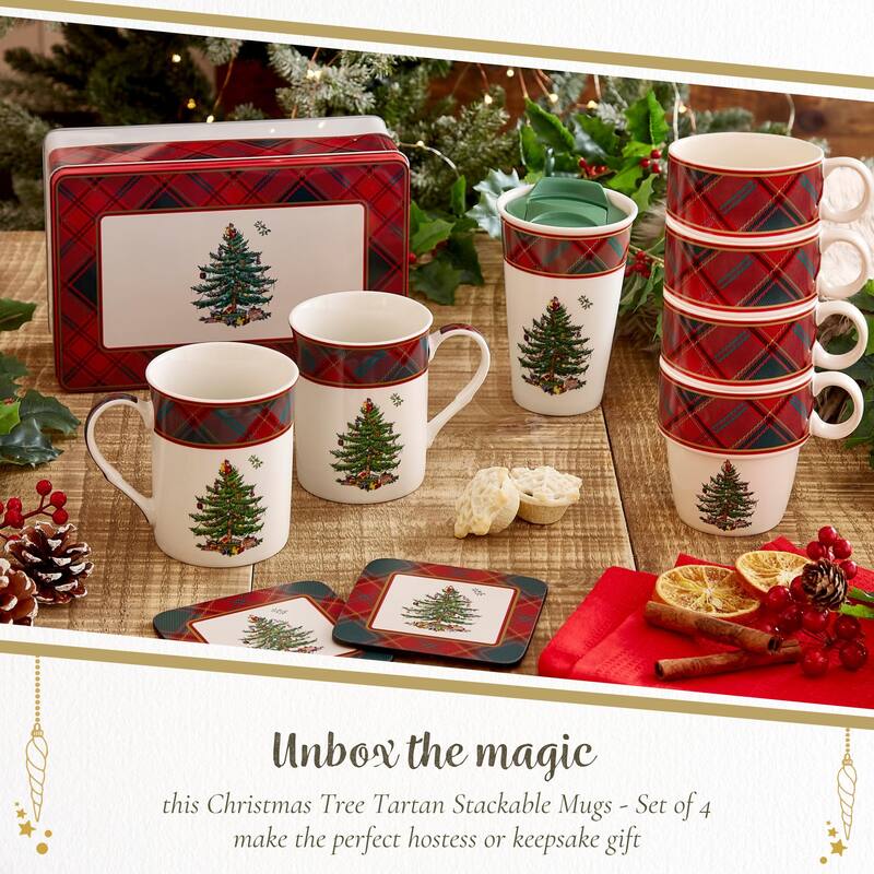 Spode Set of 4 Christmas Tree Tartan Stackable Mugs