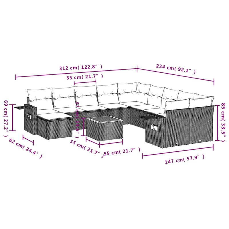 vidaXL Patio Sofa Set with Cushions Outdoor Furniture 12 Piece Poly Rattan - 24.4 x 24.4 x 27.2