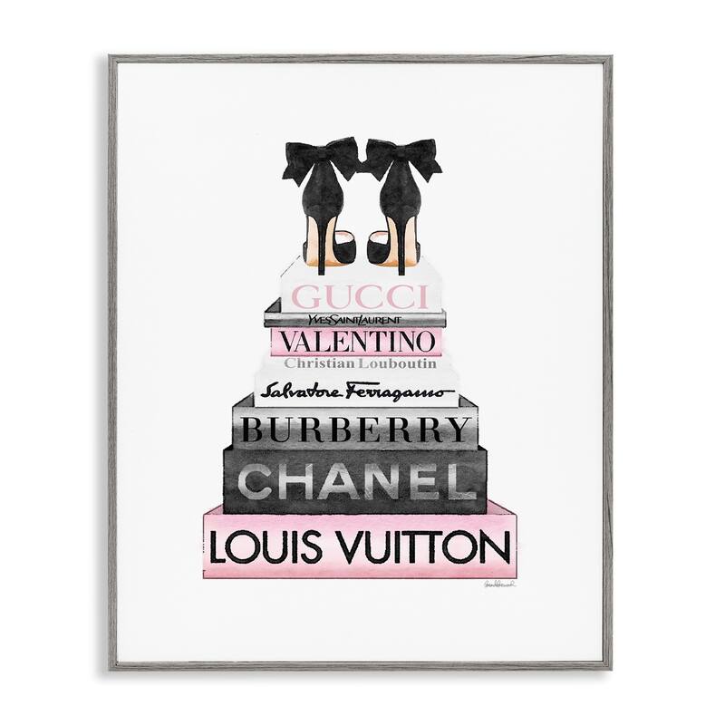 Stupell Black Heels Pink Bookstack Glam Fashion Design Framed Wall Art - 16 x 20 - Grey