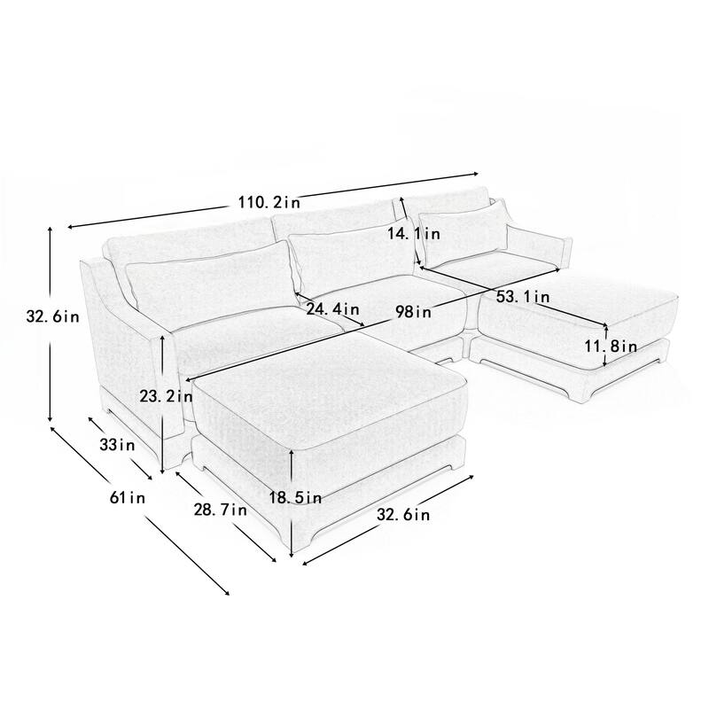 Three-Seater Sofa with 2 Movable Ottomans