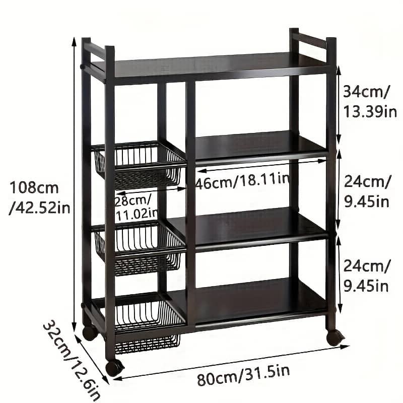 80cm Floor-Standing Storage Rack, Multifunctional Storage Rolling Cart, Kitchen Storage Rack with Mesh Basket