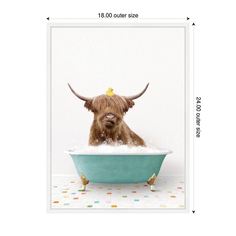 Kate and Laurel Sylvie Highland Cow in Teal Bathtub on Colored Tile Framed Canvas by Amy Peterson