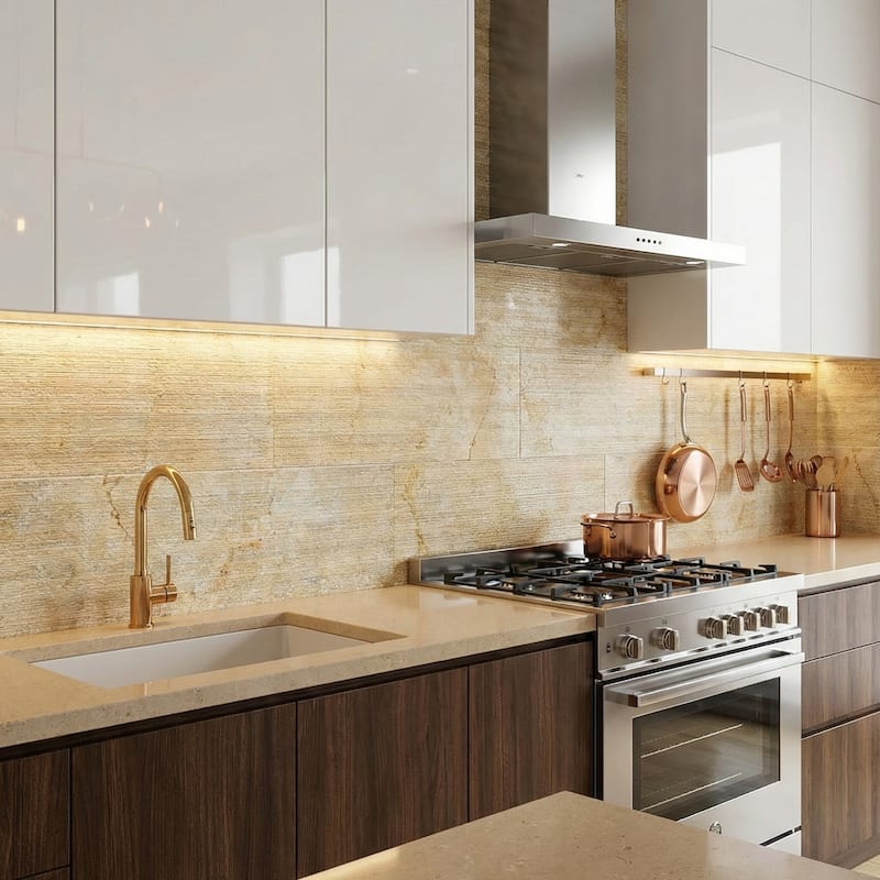 Roomfitters Natural Marble Tile, FS Textured 3D Fluted Stone for Wall, Genuine Marble, 4-Piece Box, Gold Yellow Beige