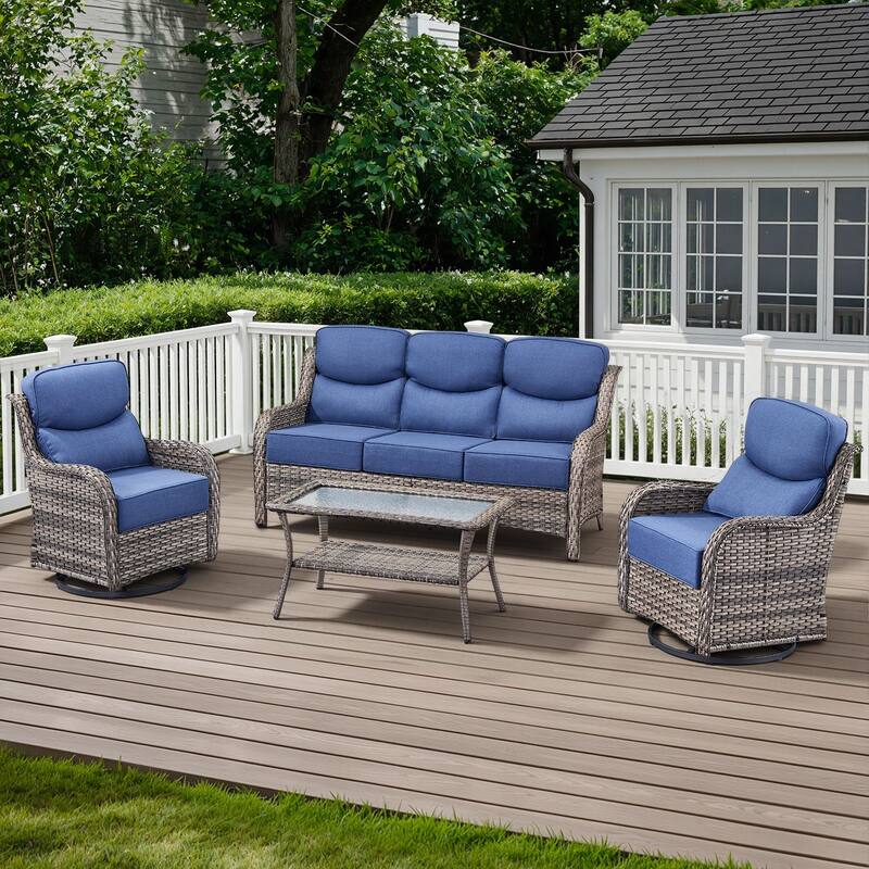 Arcadia 4-Piece Wicker Patio Conversation Set with Swivel Gliders and 6-Inch Thick Olefin Cushions