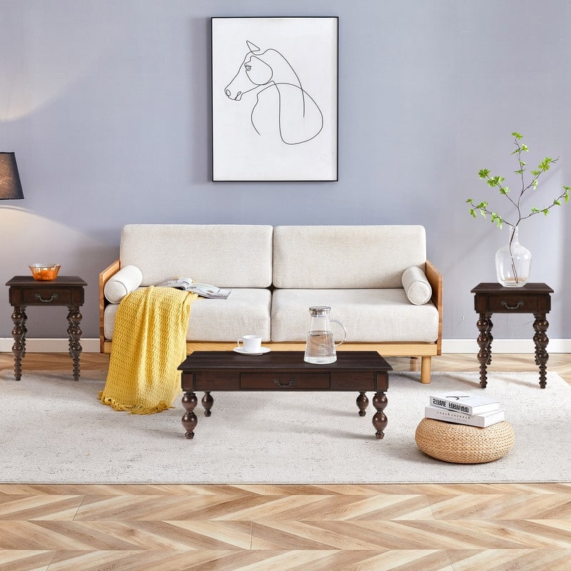 Retro 3-Piece Solid Wood Coffee Table Set with Storage Drawer, Vintage Design for Living Room and Office Decor