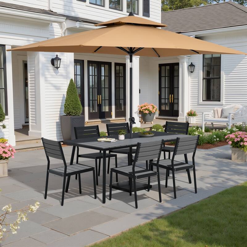 9-Piece Patio Dining Set Aluminum Dining Table and Stackable Chairs with Umbrella and Base