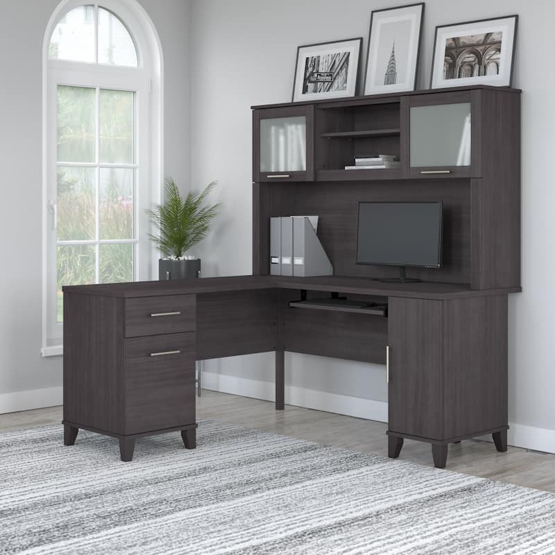 Bush Furniture Somerset 60W L Shaped Desk with Storage Hutch - Storm Gray