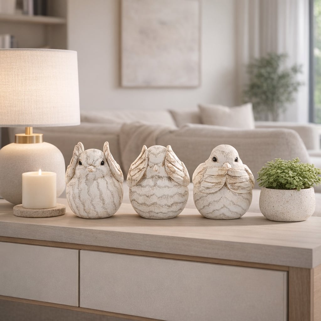 Resin Royal Bird Decorative Figurine Set of 3 - Ivory, 7" - 6.0"