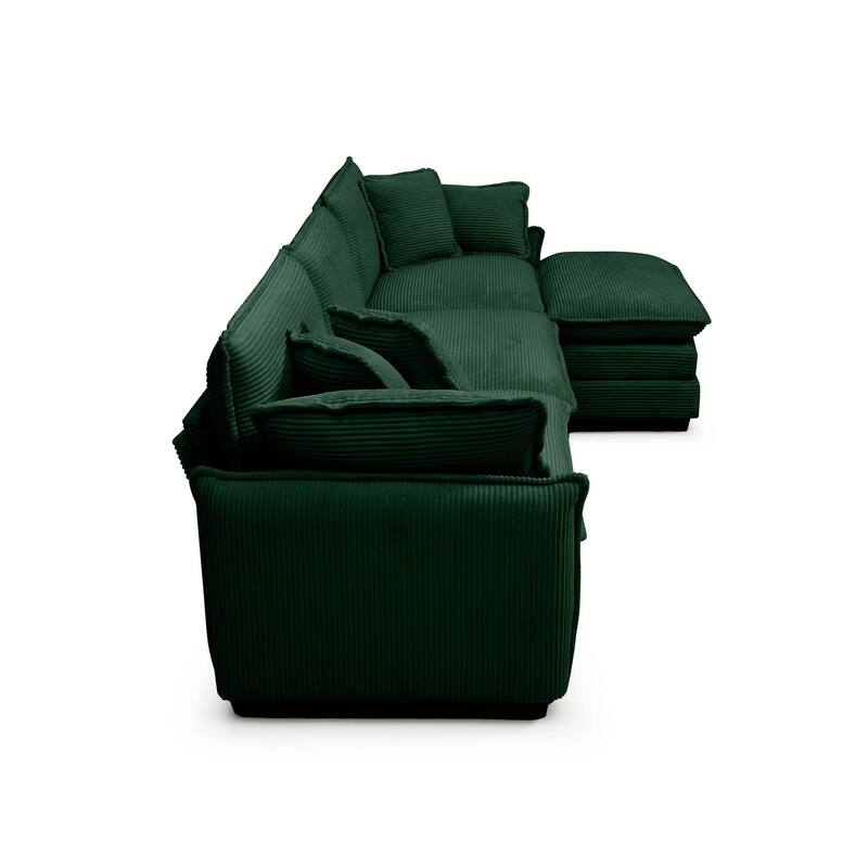 Green 4-piece Corduroy Upholstered L-Shaped Modular Sectional Sofa with Removable Ottoman, 5 Pillows, and Free Combination